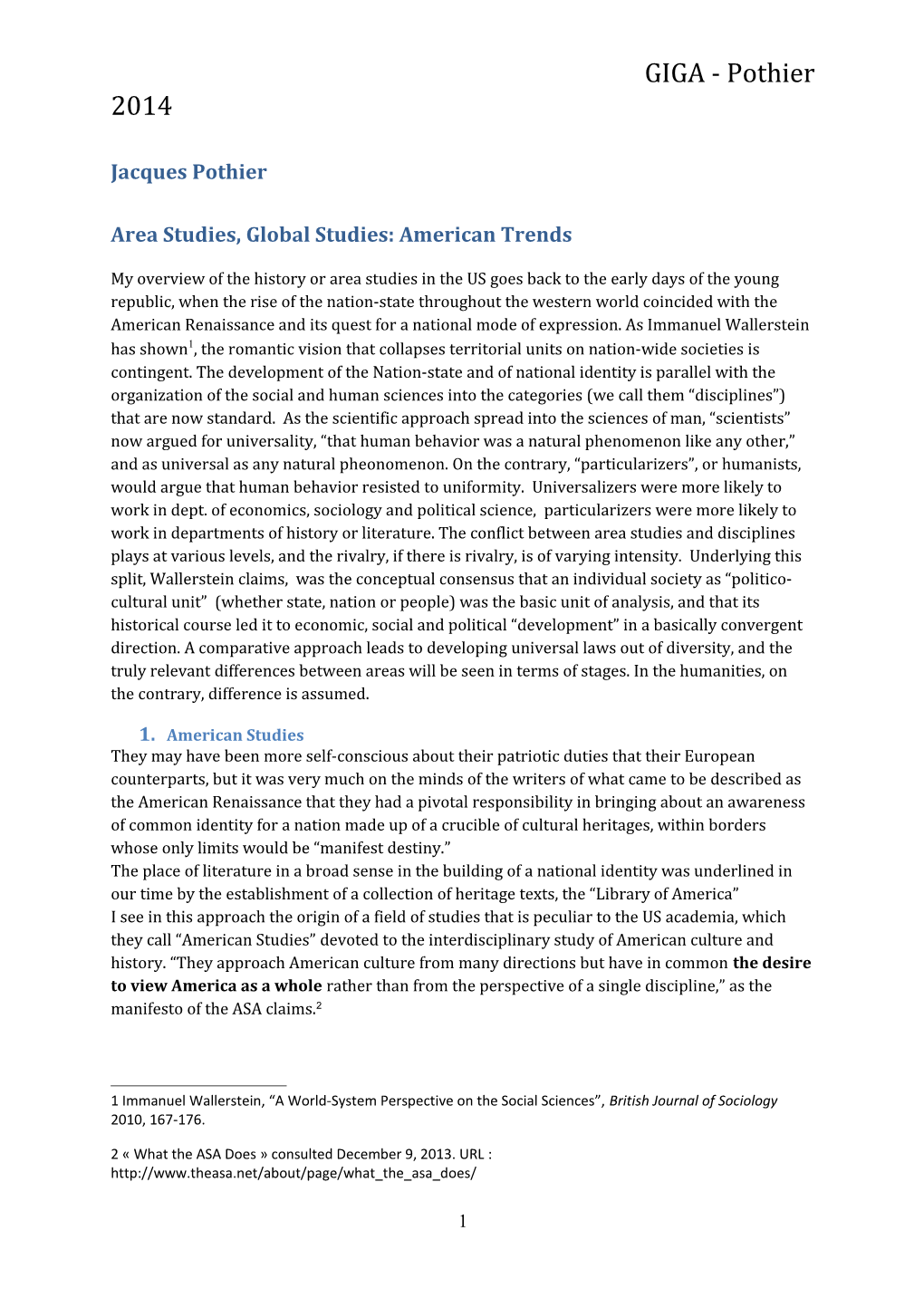 Area Studies, Global Studies: American Trends