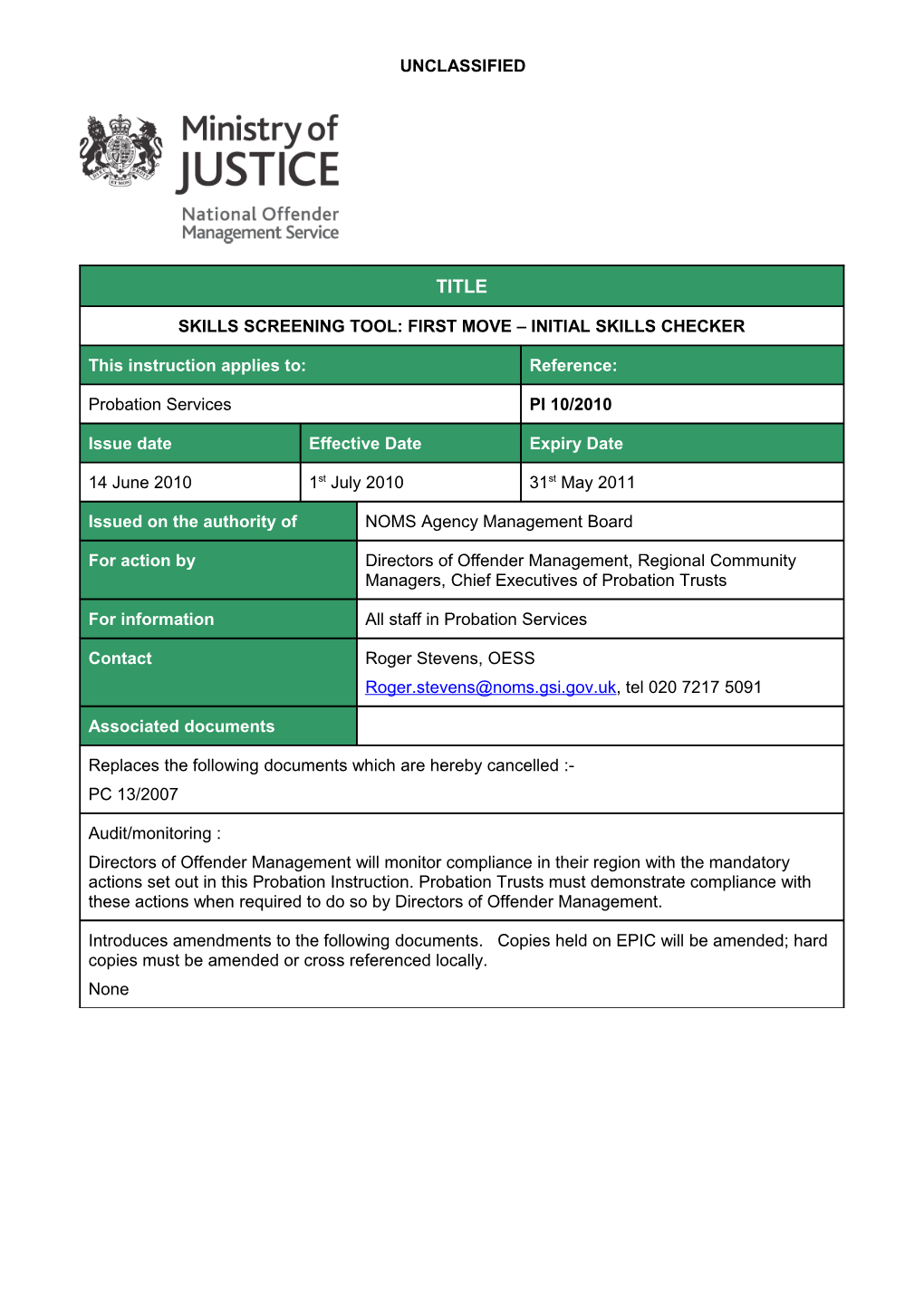 Probation Instruction 10 2010 - Skills Screening Tool - First Move - Initial Skills Checker