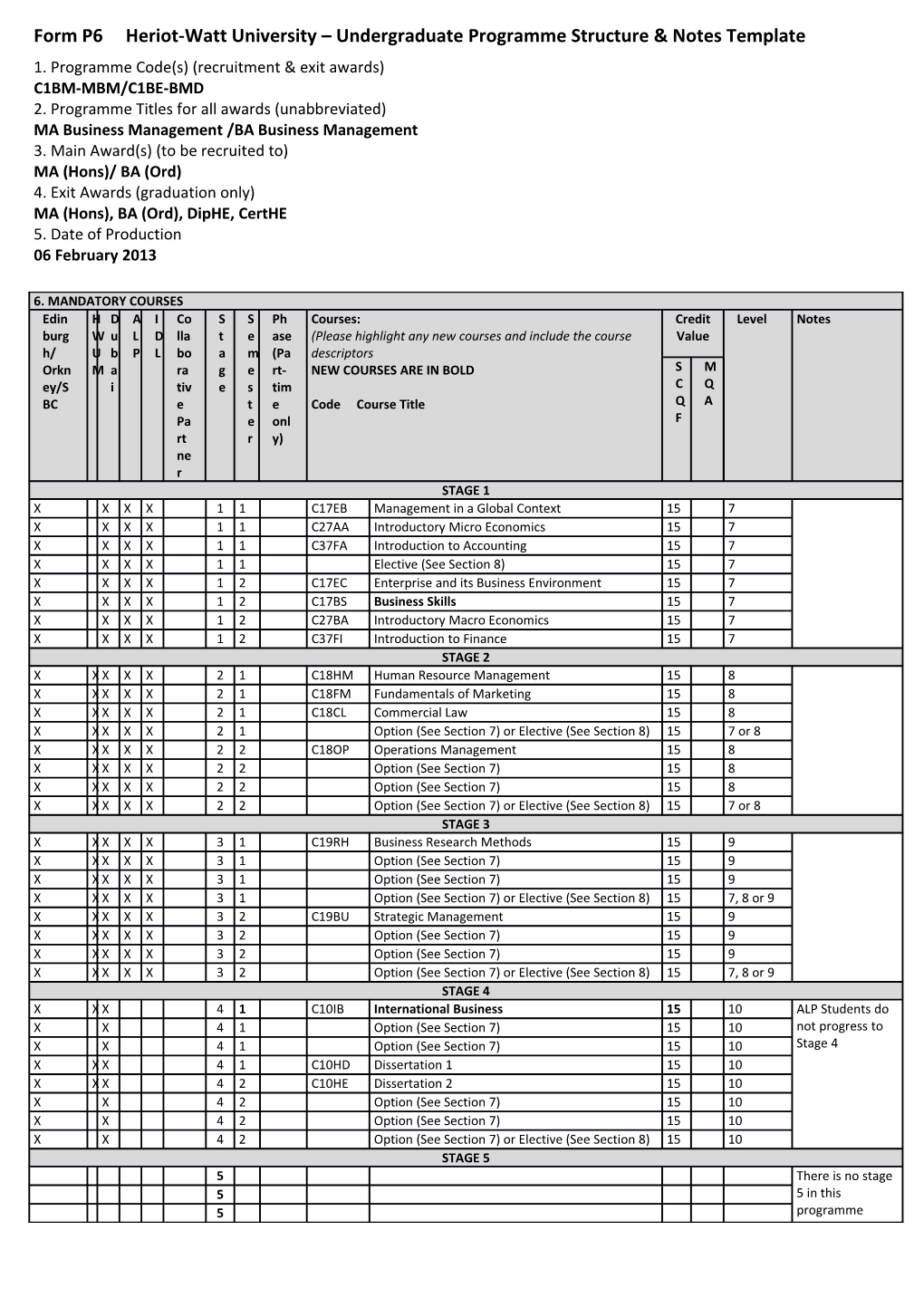 Form P6 Heriot-Watt University Undergraduate Programme Structure & Notes Template