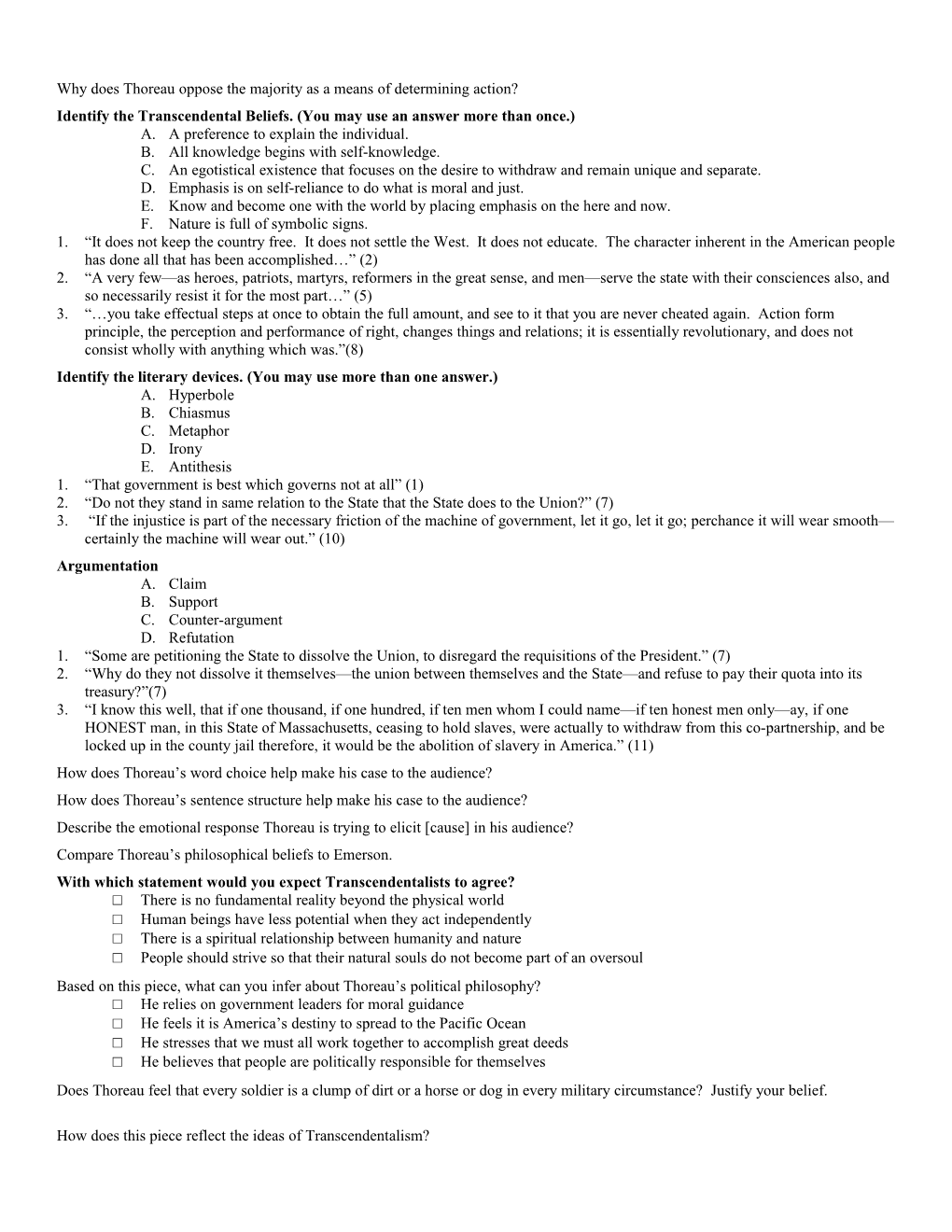 Quiz on Thoreau S Civil Disobedience