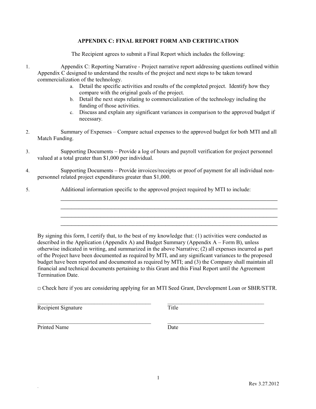 Appendix C: Final Report Form and Certification
