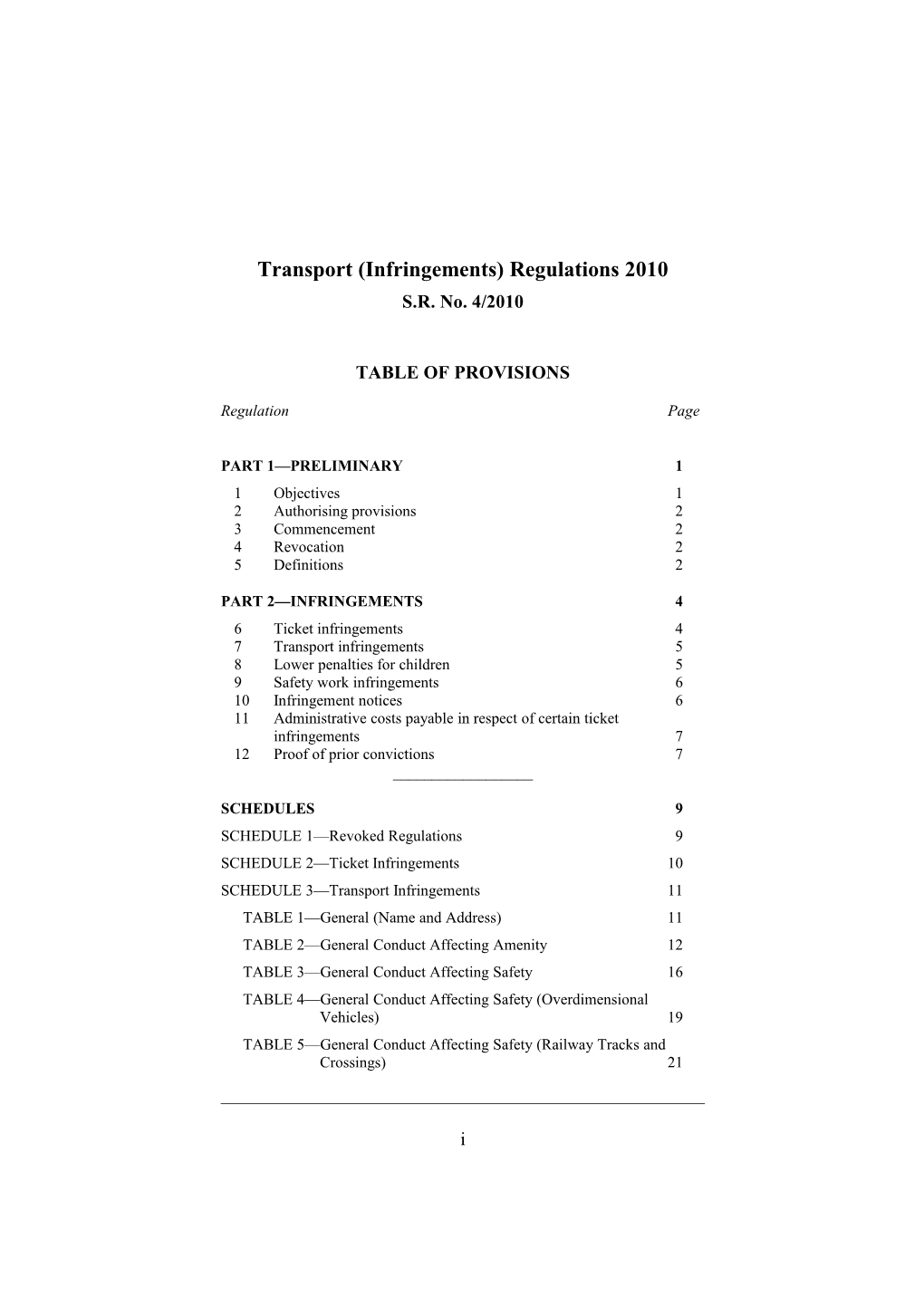 Transport (Infringements) Regulations 2010