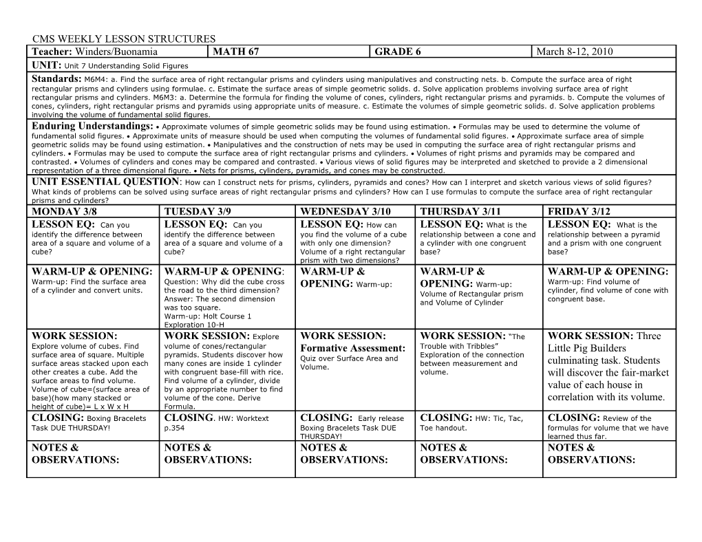 Cms Weekly Lesson Structures