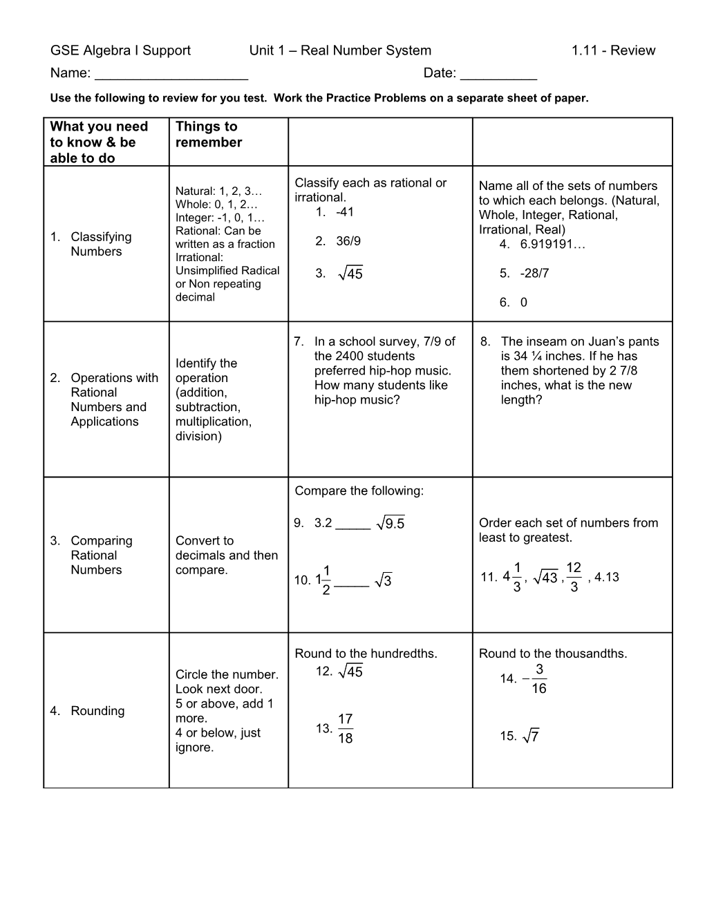 GSE Algebra I Support Unit 1 Real Number System 1.11 - Review