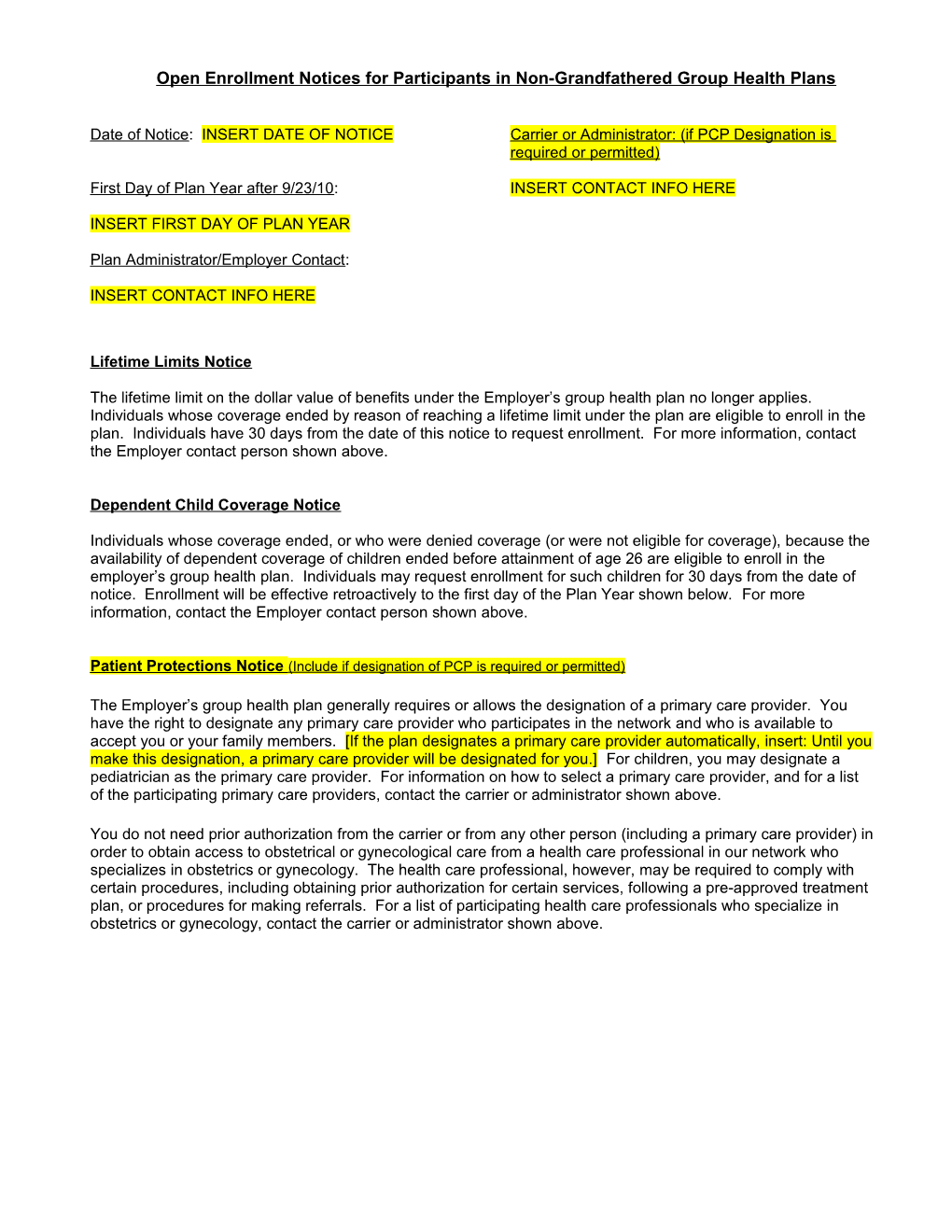 Plan Changes for Renewal After 9/23/10 to Comply with Patient Protection and Affordable