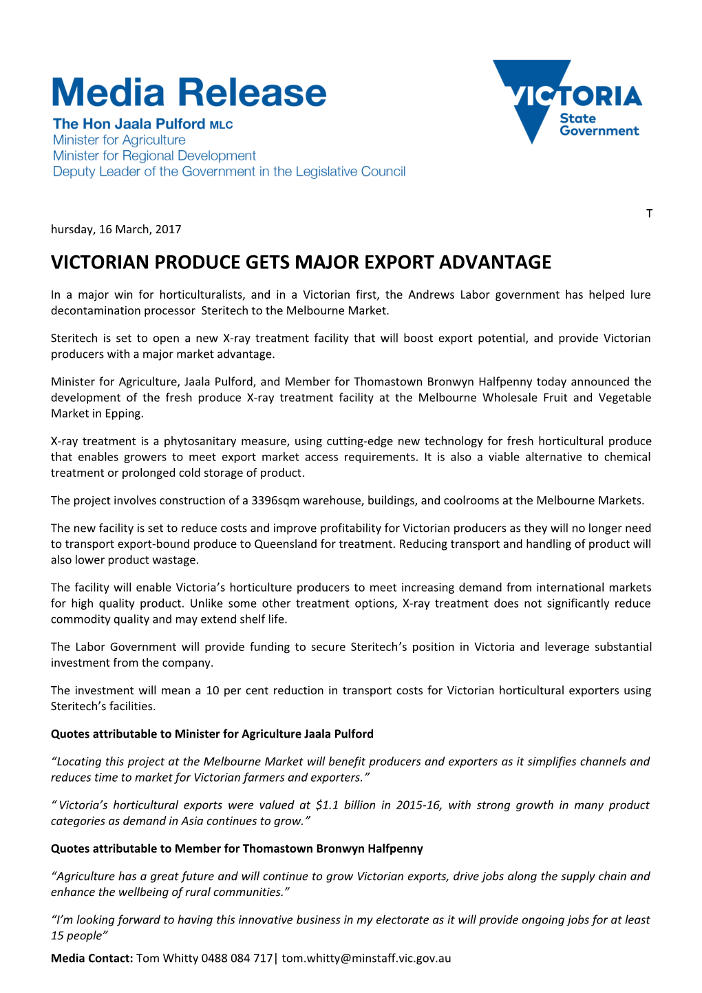 Victorian Produce Gets Major Export Advantage