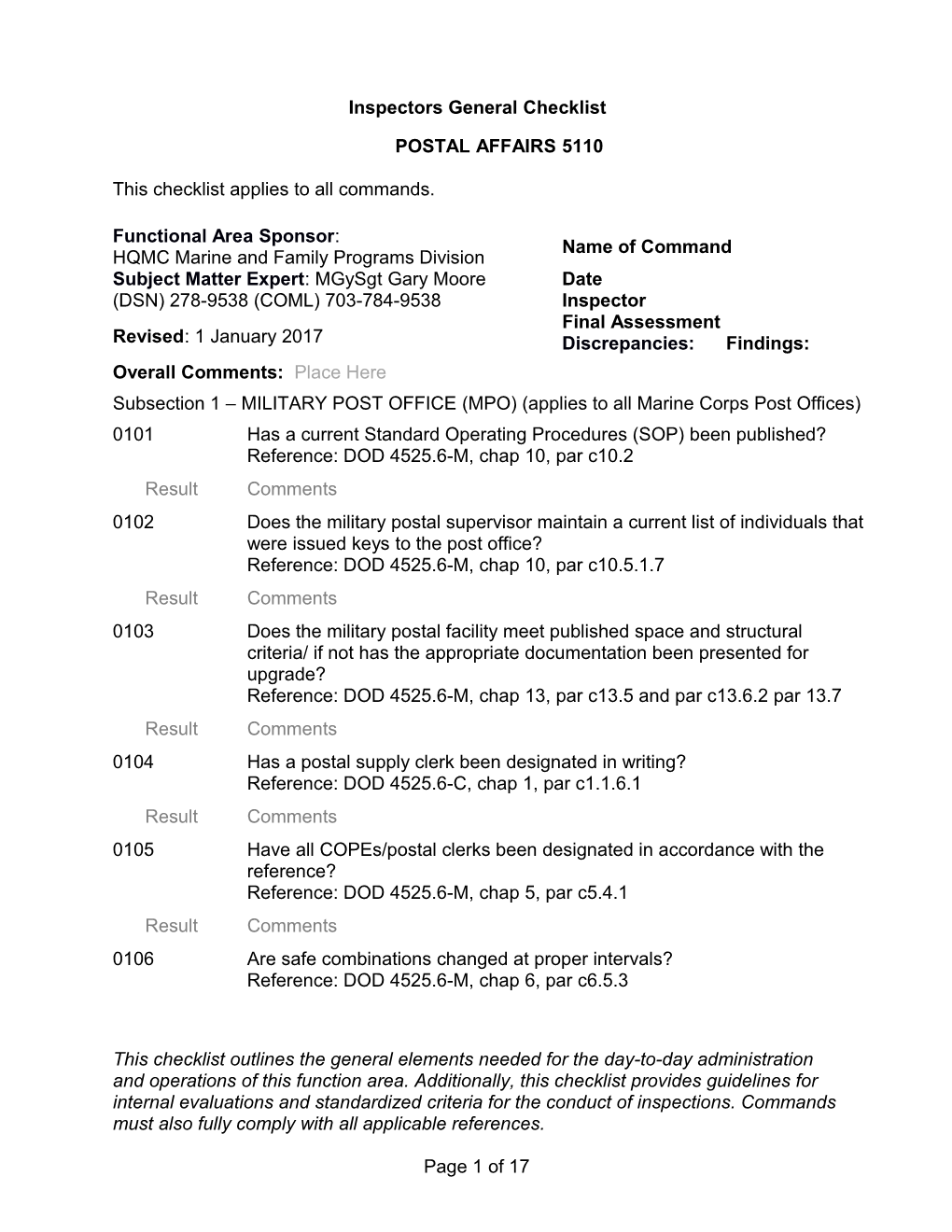 Inspectors General Checklist