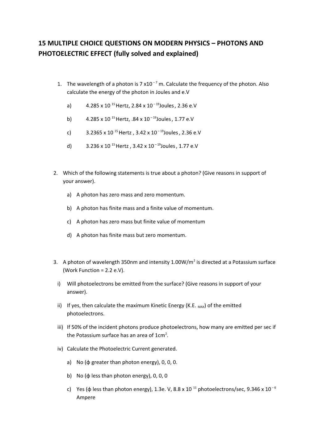 15MULTIPLE CHOICE QUESTIONS on MODERN PHYSICS PHOTONS and PHOTOELECTRIC EFFECT (Fully
