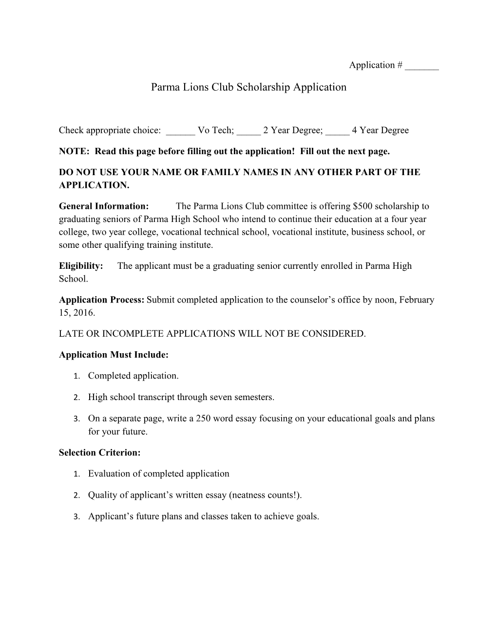 Parma Lions Club Scholarship Application