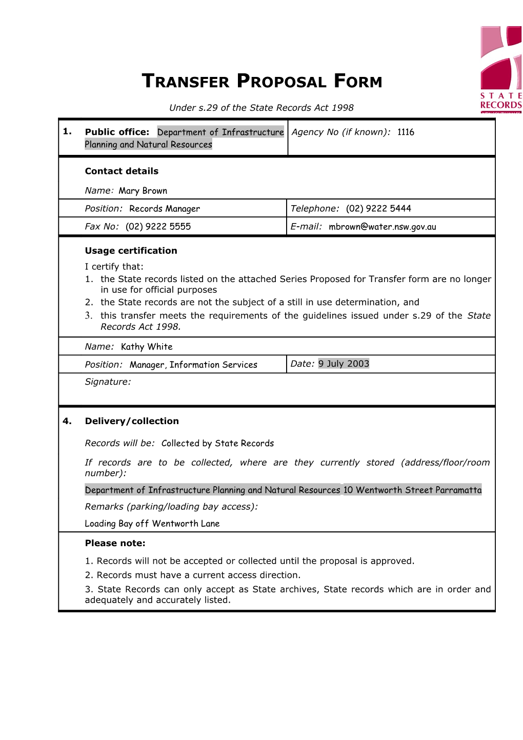 Attachment 1: Transfer Documentation