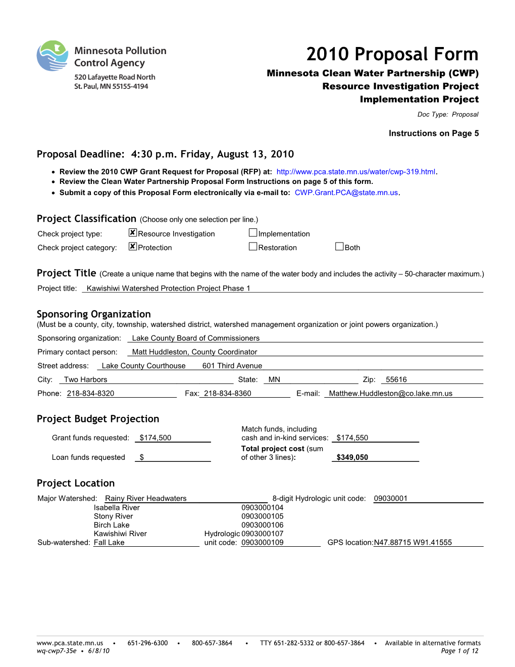 Proposal Form - Minnesota Clean Water Partnership (CWP) Resource Investigation Project Form