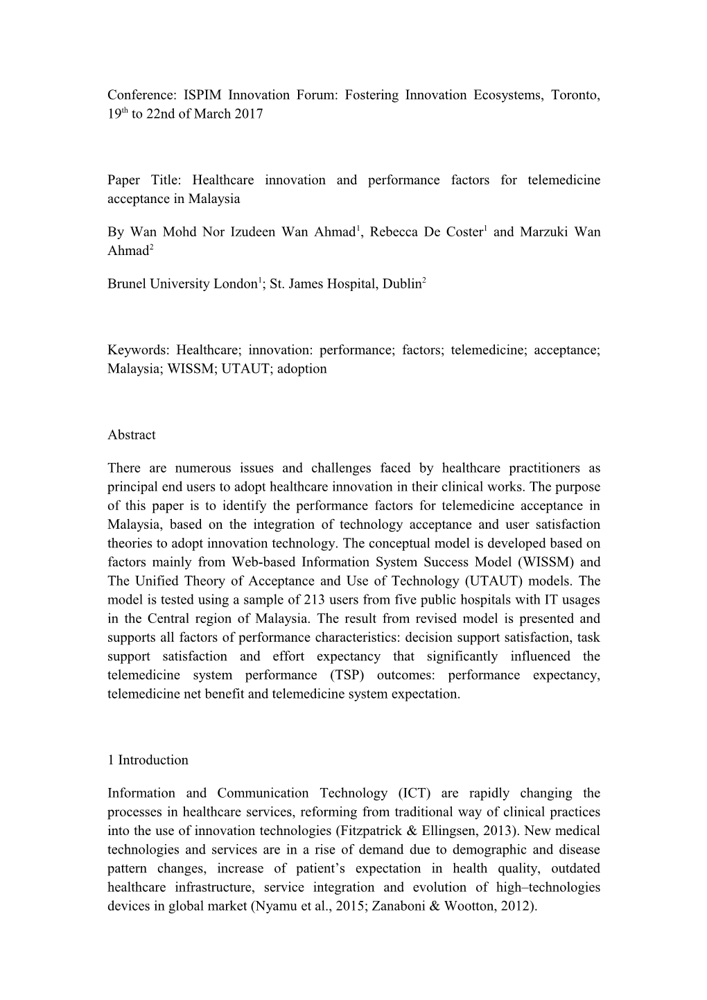 Paper Title: Healthcare Innovation and Performance Factors for Telemedicine Acceptance