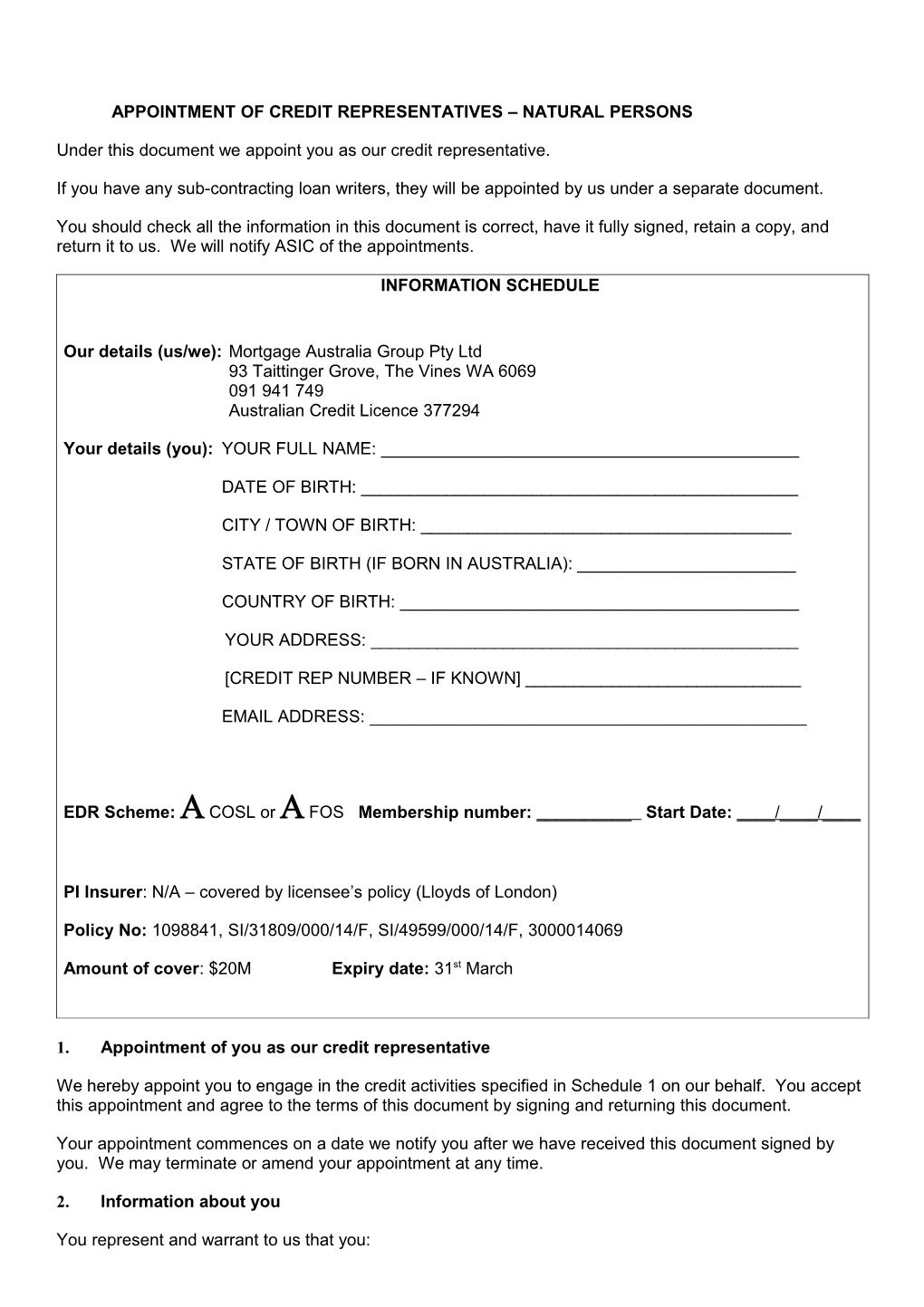 Appointment of Credit Representatives Natural Persons