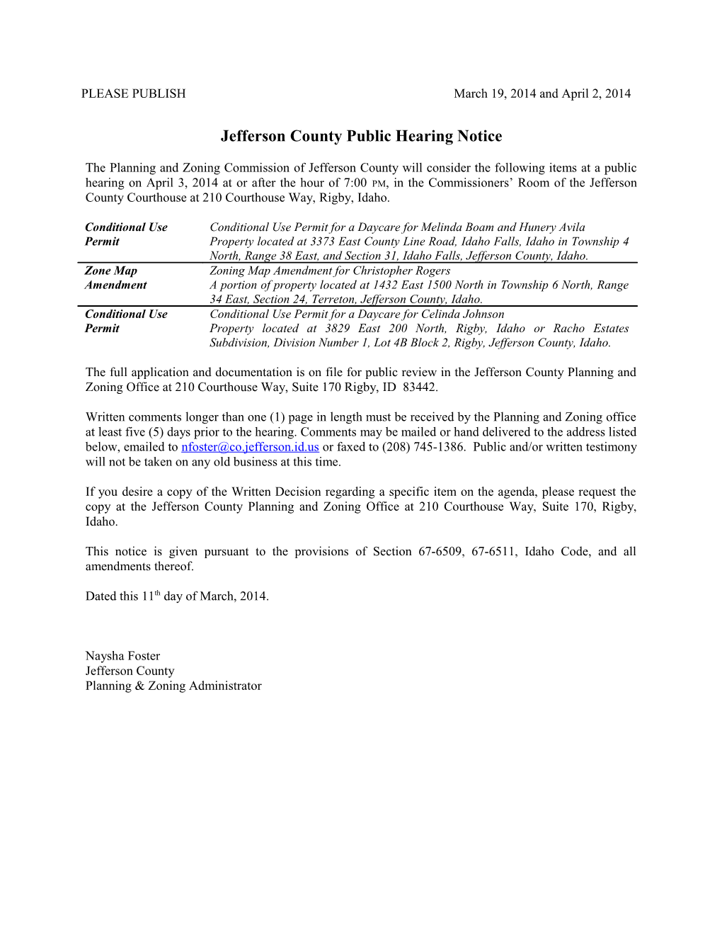 Jefferson County Public Hearing Notice