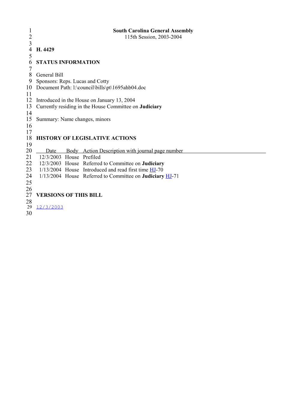 2003-2004 Bill 4429: Name Changes, Minors - South Carolina Legislature Online