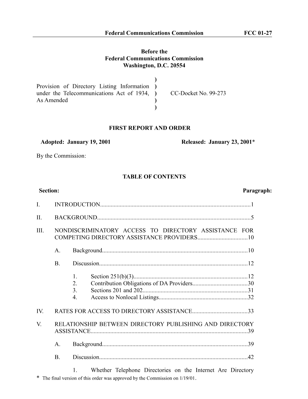 Federal Communications Commission FCC 01-27