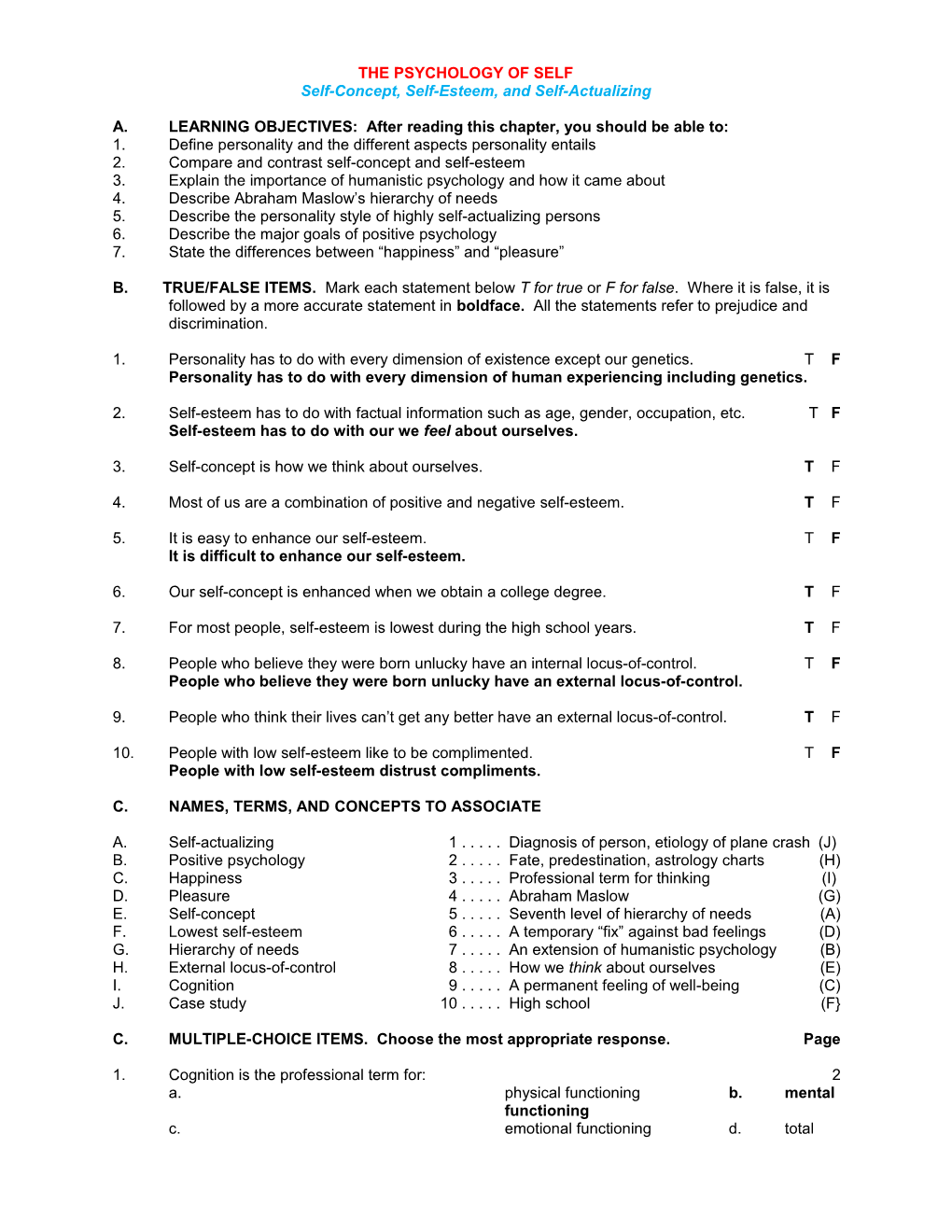 Self-Concept, Self-Esteem, and Self-Actualizing