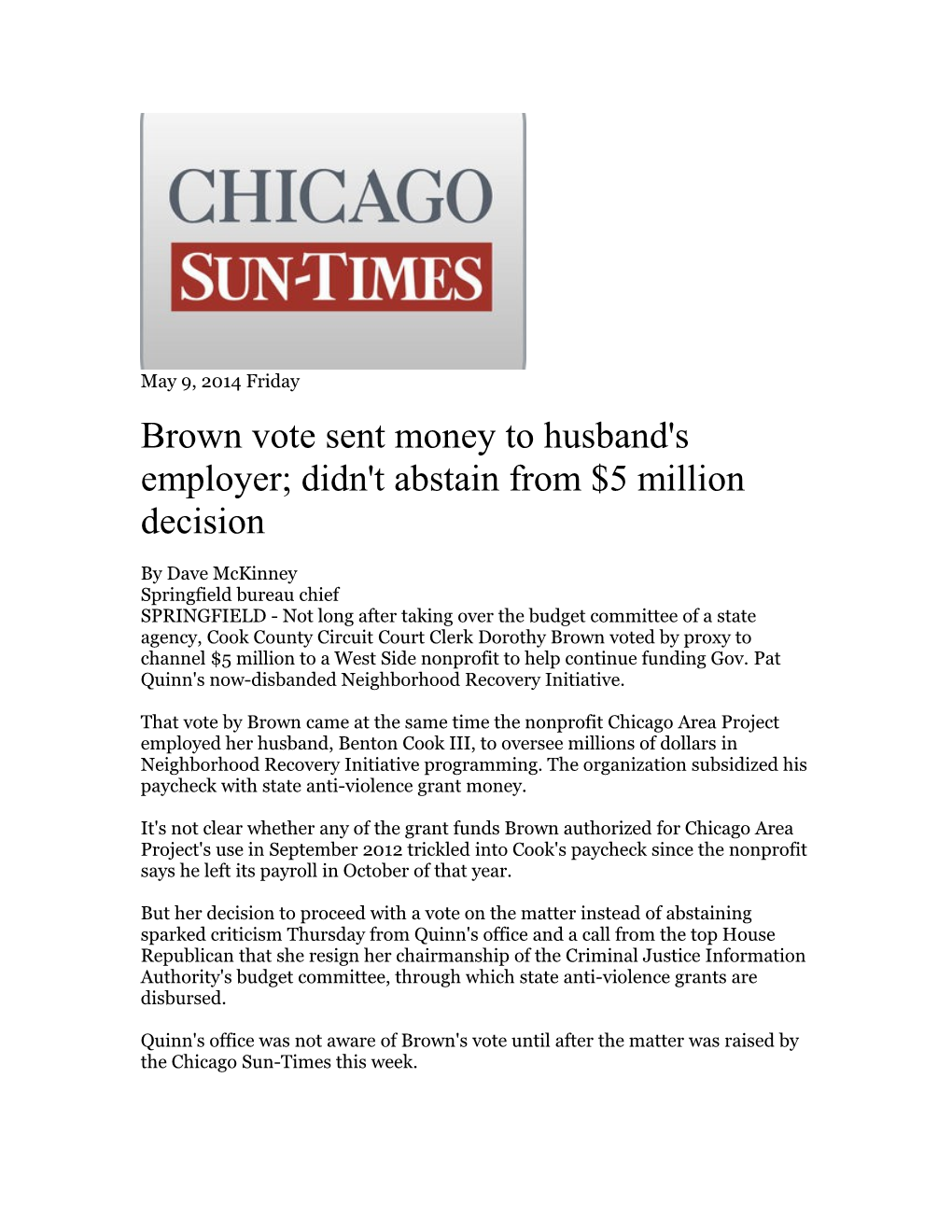 Brown Vote Sent Money to Husband's Employer; Didn't Abstain from $5 Million Decision