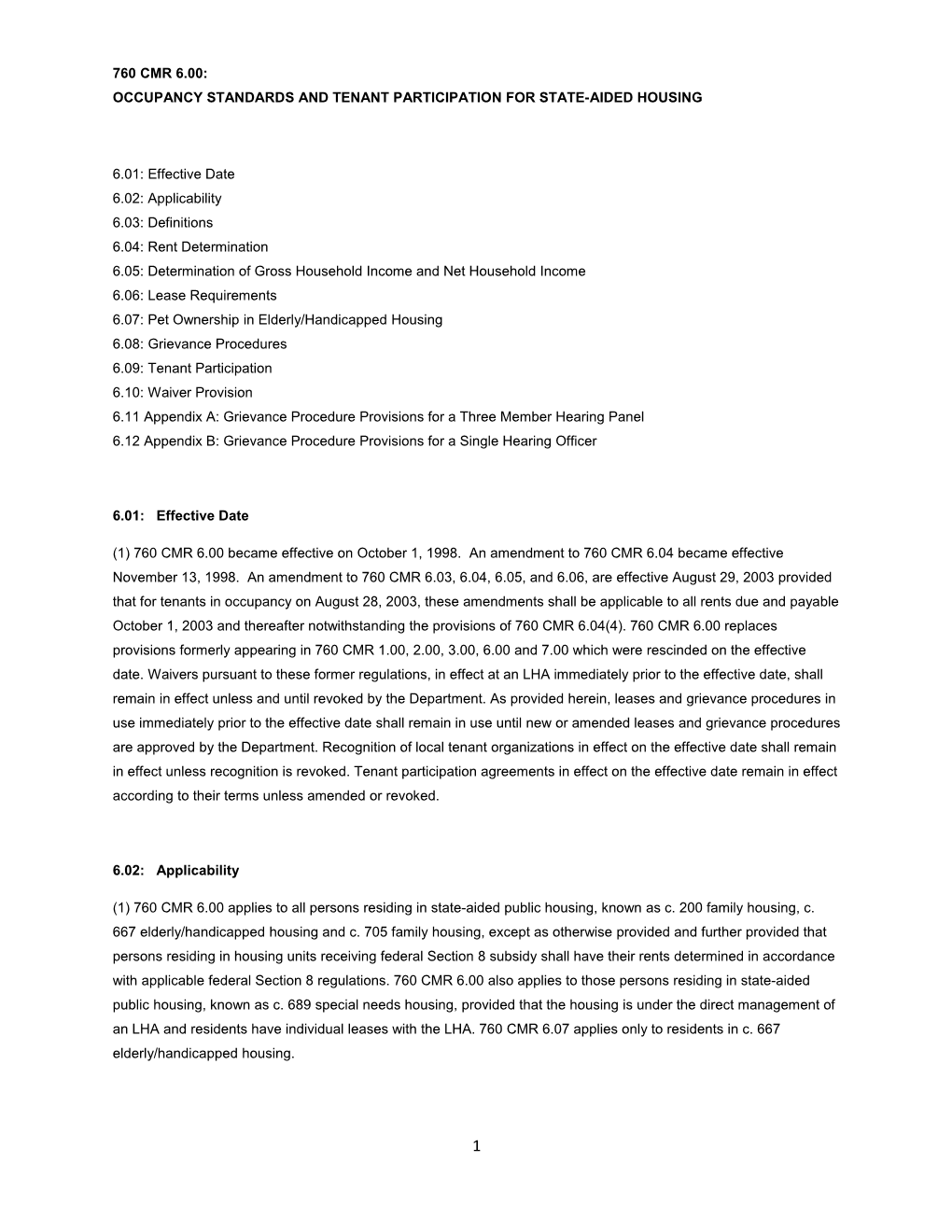 760 Cmr 6.00: Occupancy Standards and Tenant Participation for State-Aided Housing