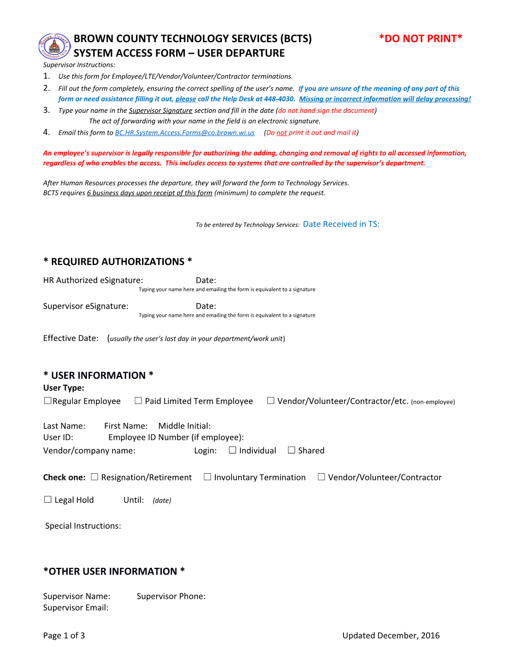 System Access Form User Departure