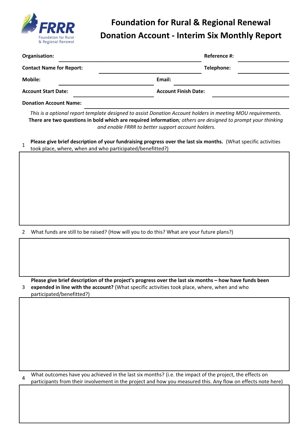 This Is Aoptional Report Template Designed to Assist Donation Account Holders in Meeting