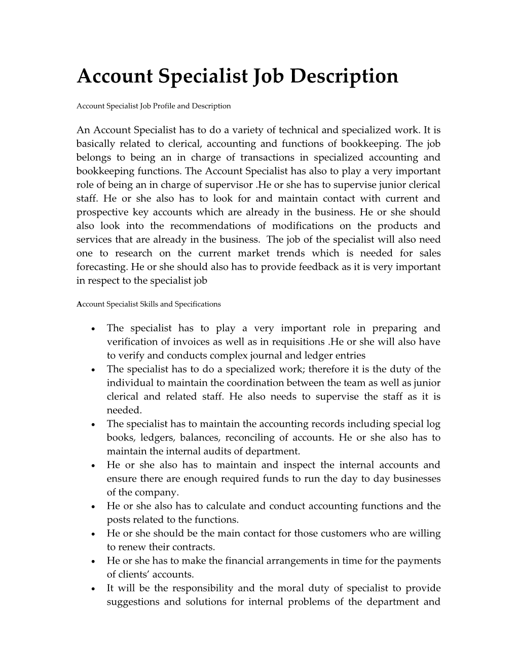 Account Specialist Job Description