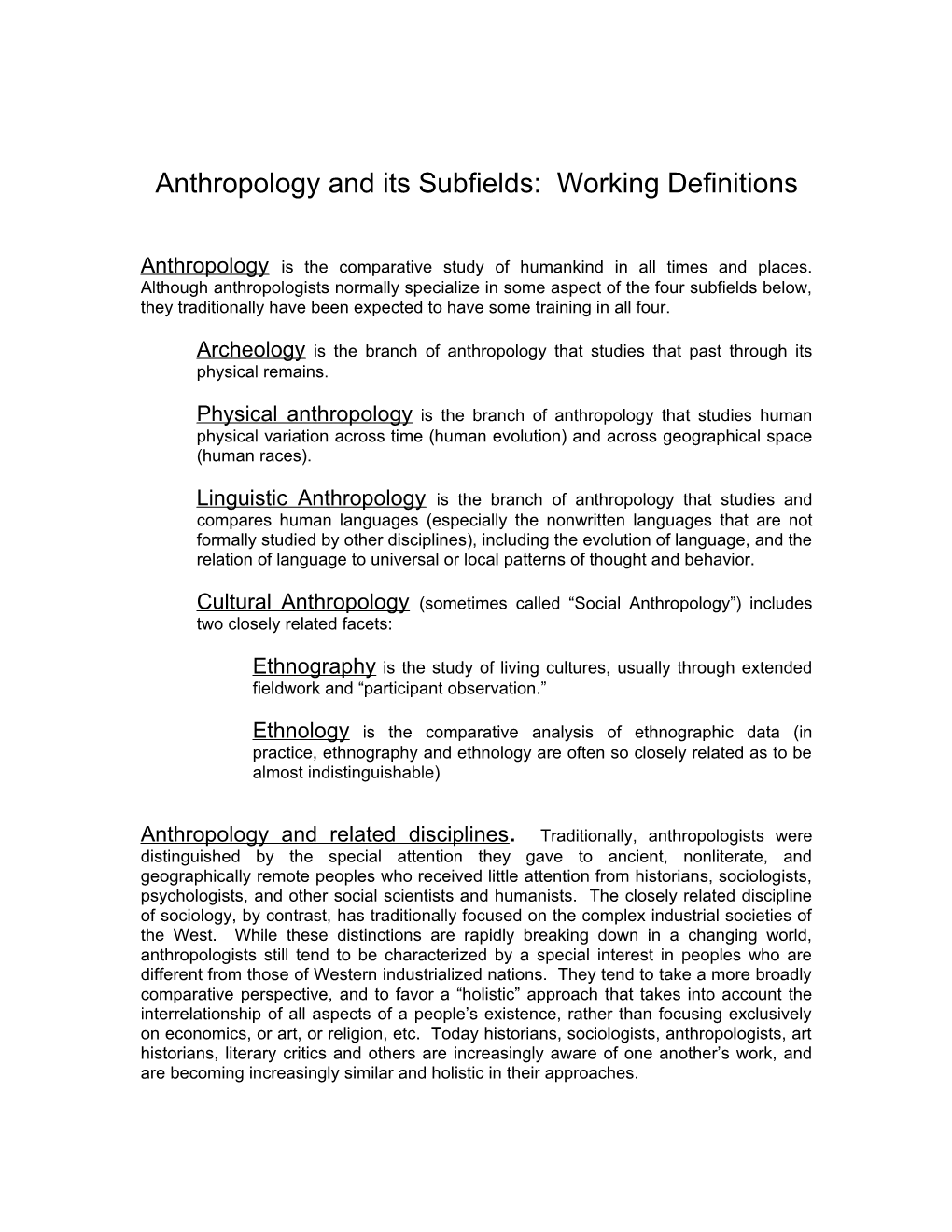 Anthropology and Its Subfields: Working Definitions