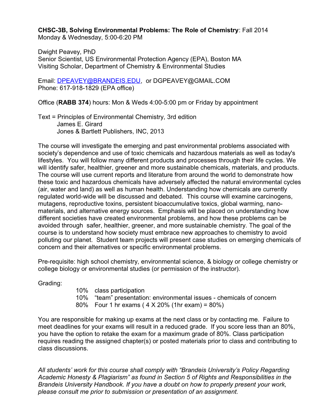 CHSC-3B, Solving Environmental Problems: the Role of Chemistry : Fall 2014