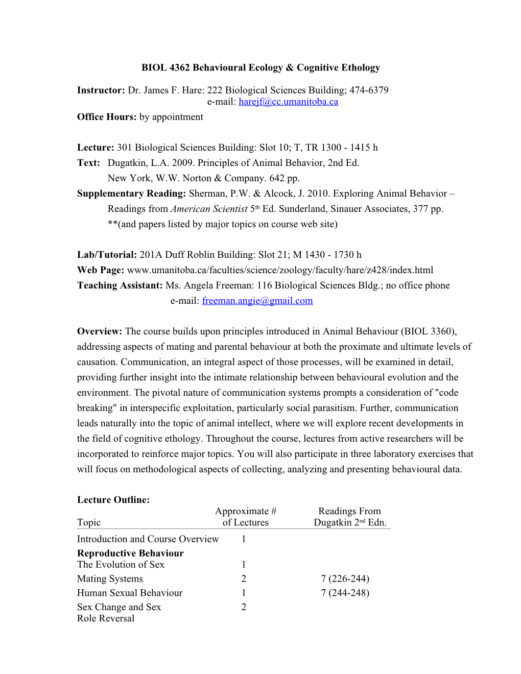 BIOL 4362 Behavioural Ecology & Cognitive Ethology