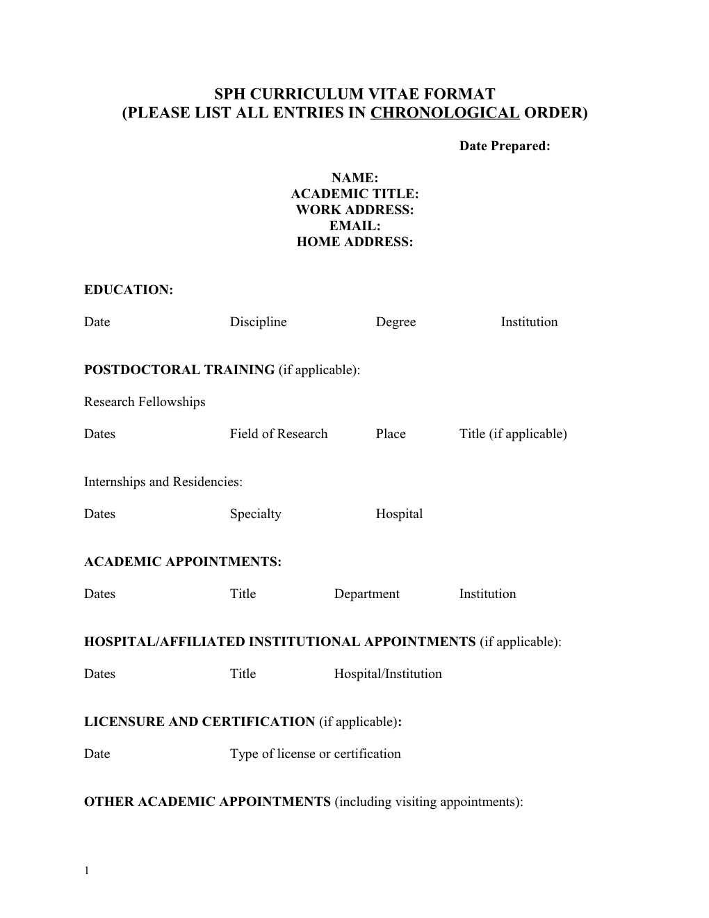 Sph Curriculum Vitae Format