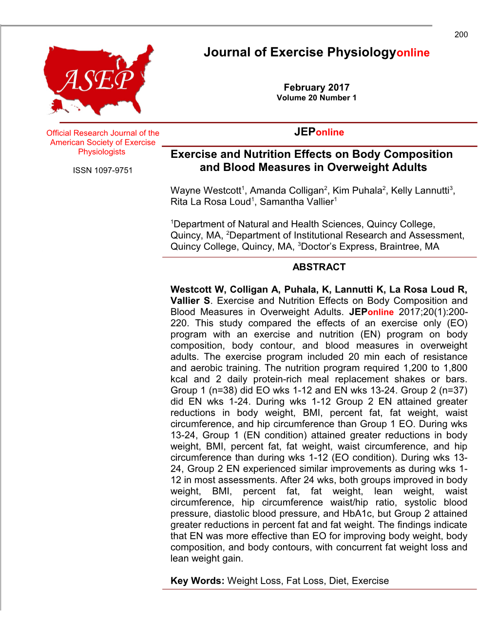 Exercise and Nutrition Effects on Body Composition and Blood Measures in Overweight Adults