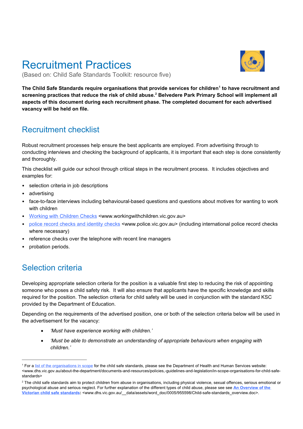 Recruitment Practices for Child Safe Organisations: Child Safe Standards Toolkit: Resource 5