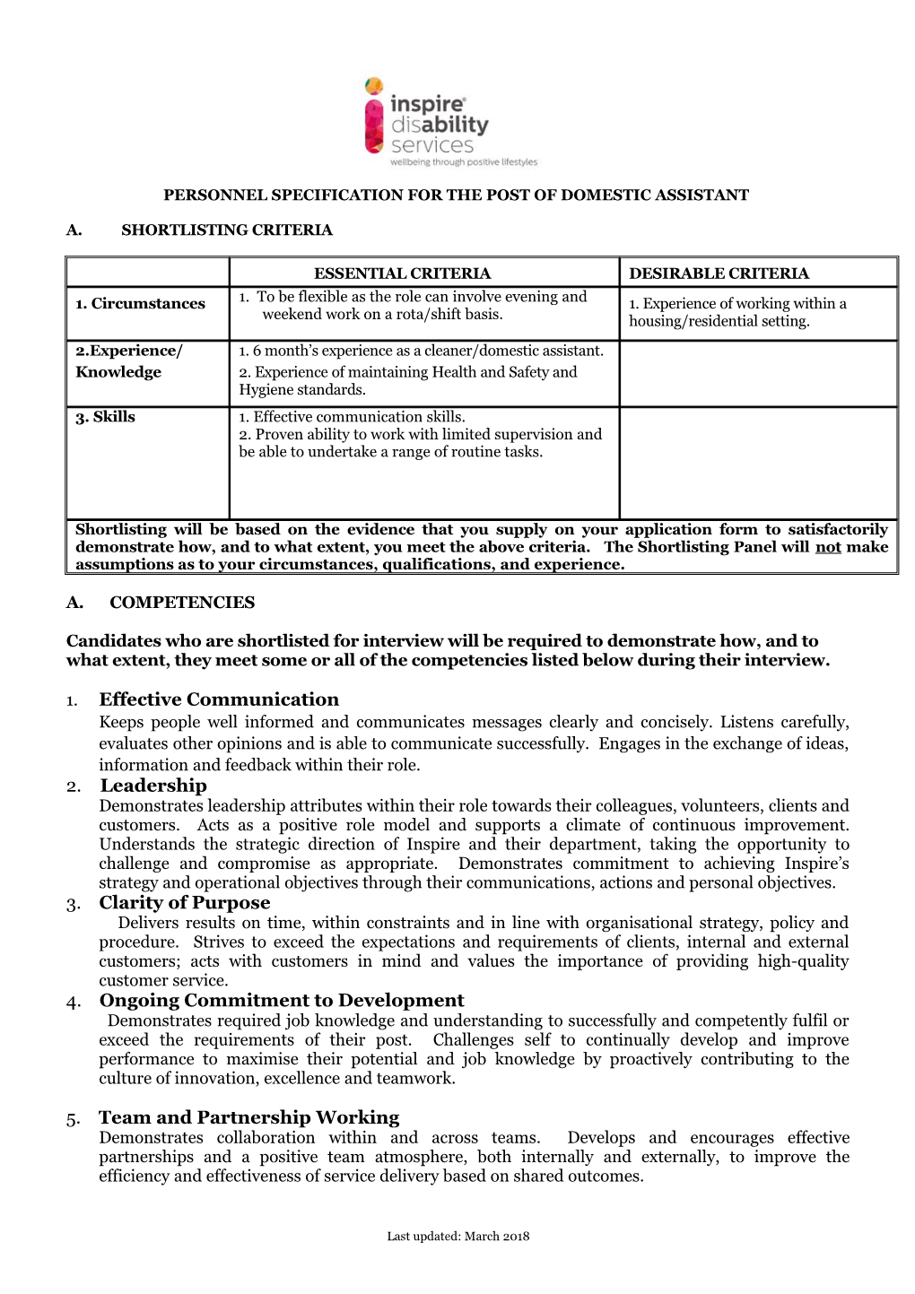 Personnel Specification for the Post Of