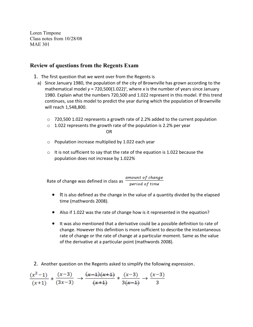 Review of Questions from the Regents Exam