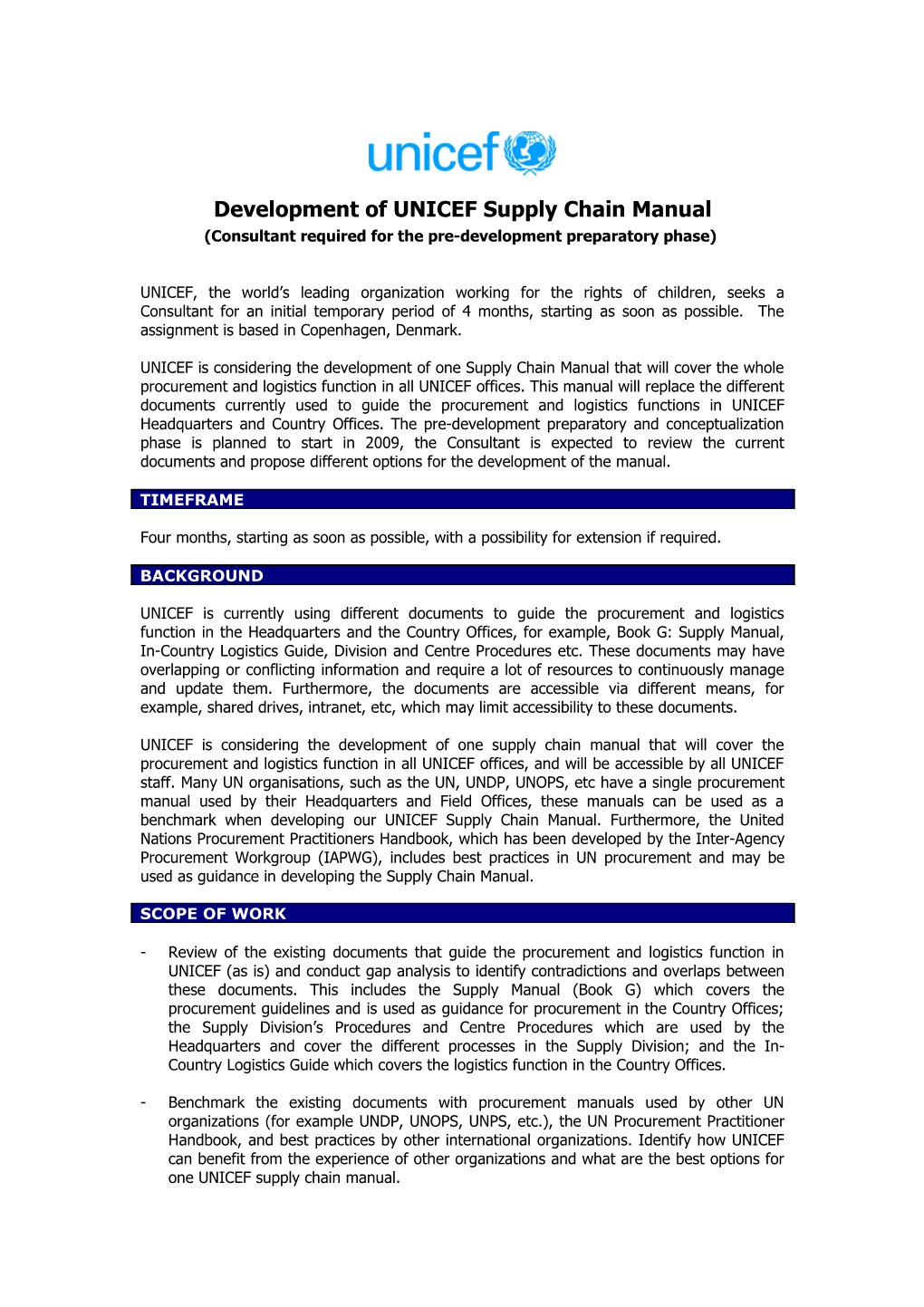 Development of UNICEF Supply Chain Manual