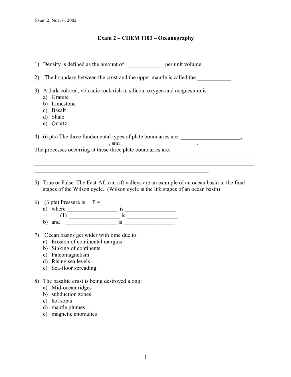 Exam 1 CHEM 1103 Oceanography