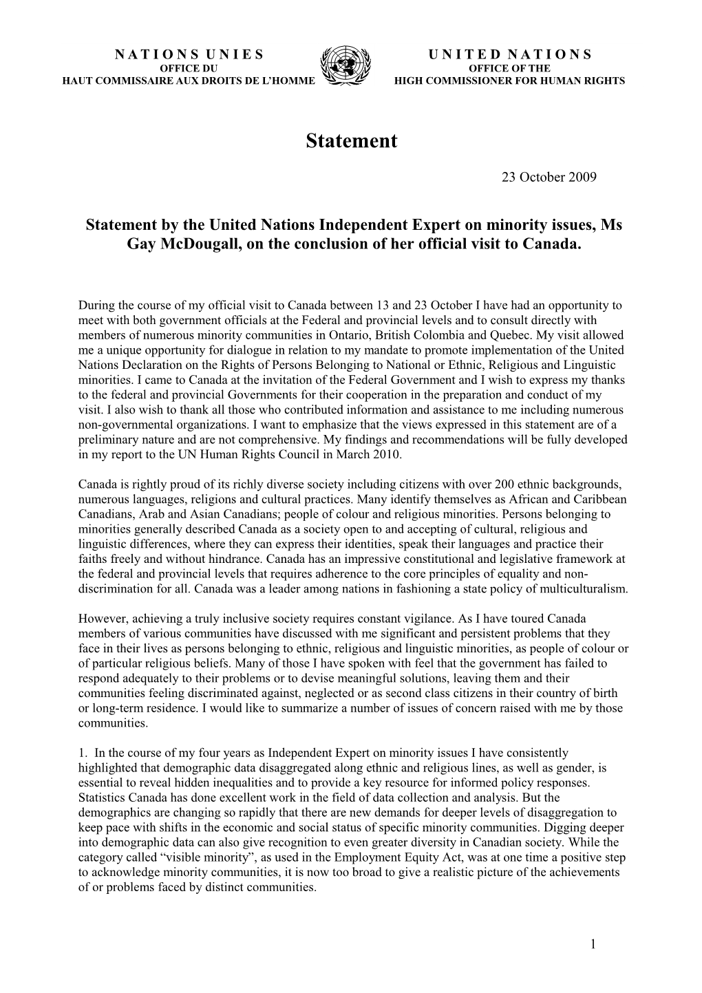 Statement by the United Nations Independent Expert on Minority Issues, Ms Gay Mcdougall