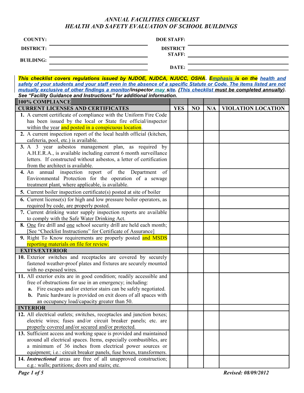 Health and Safety Evaluation of School Buildings