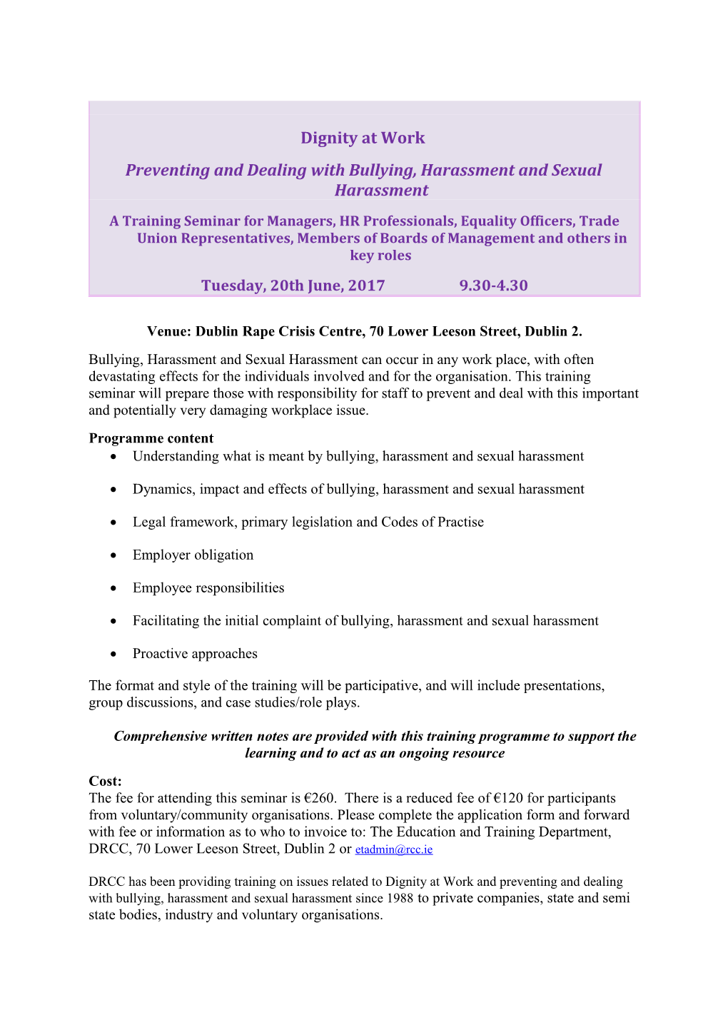 Preventing and Dealing with Bullying, Harassment and Sexual Harassment