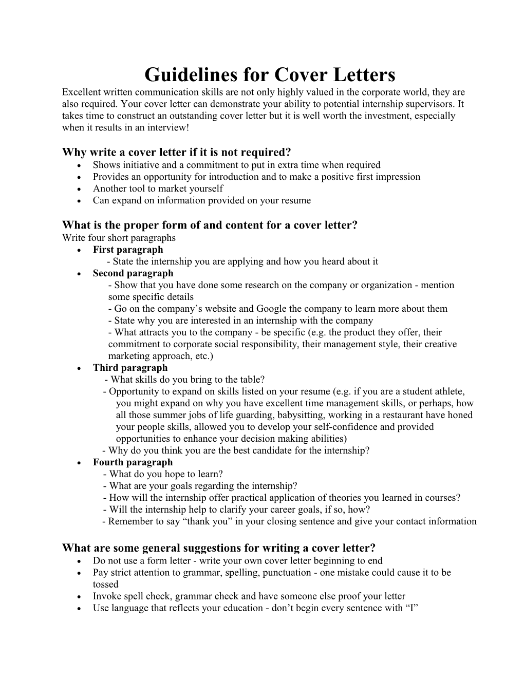 Guidelines for Cover Letters