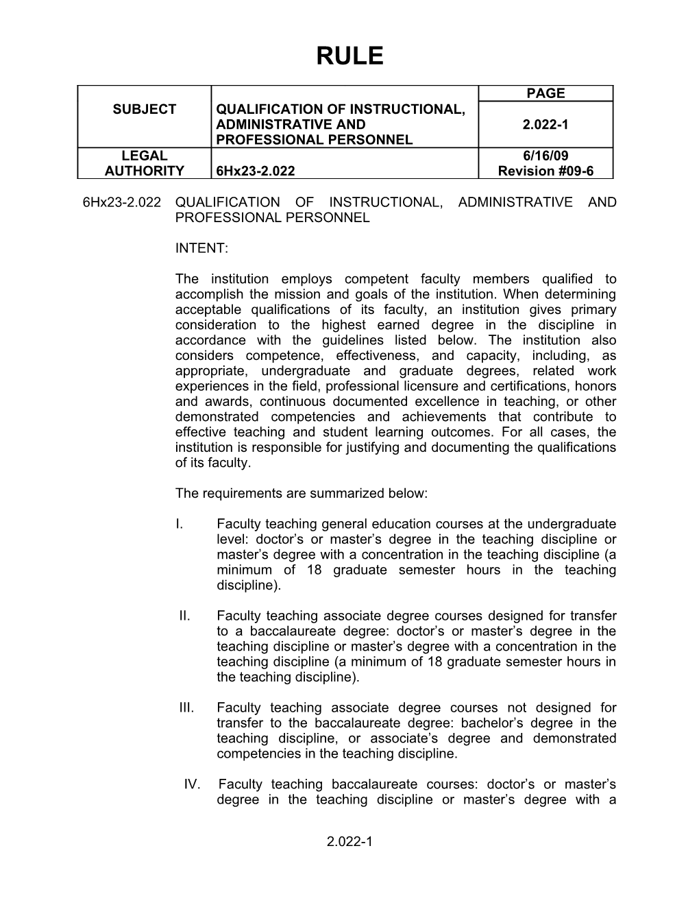 6Hx23-2.022 QUALIFICATION of INSTRUCTIONAL, ADMINISTRATIVE and PROFESSIONAL PERSONNEL