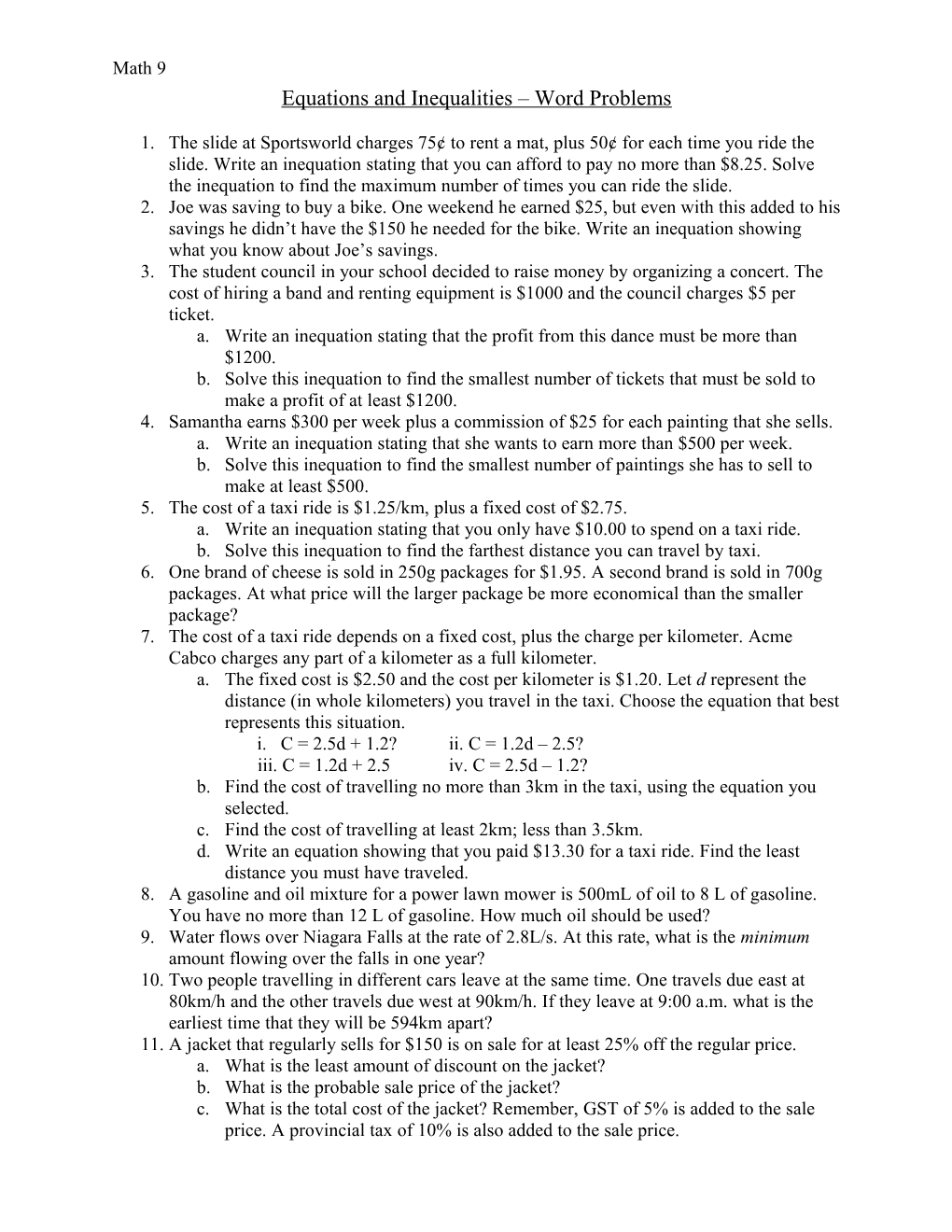 Equations and Inequalities Word Problems