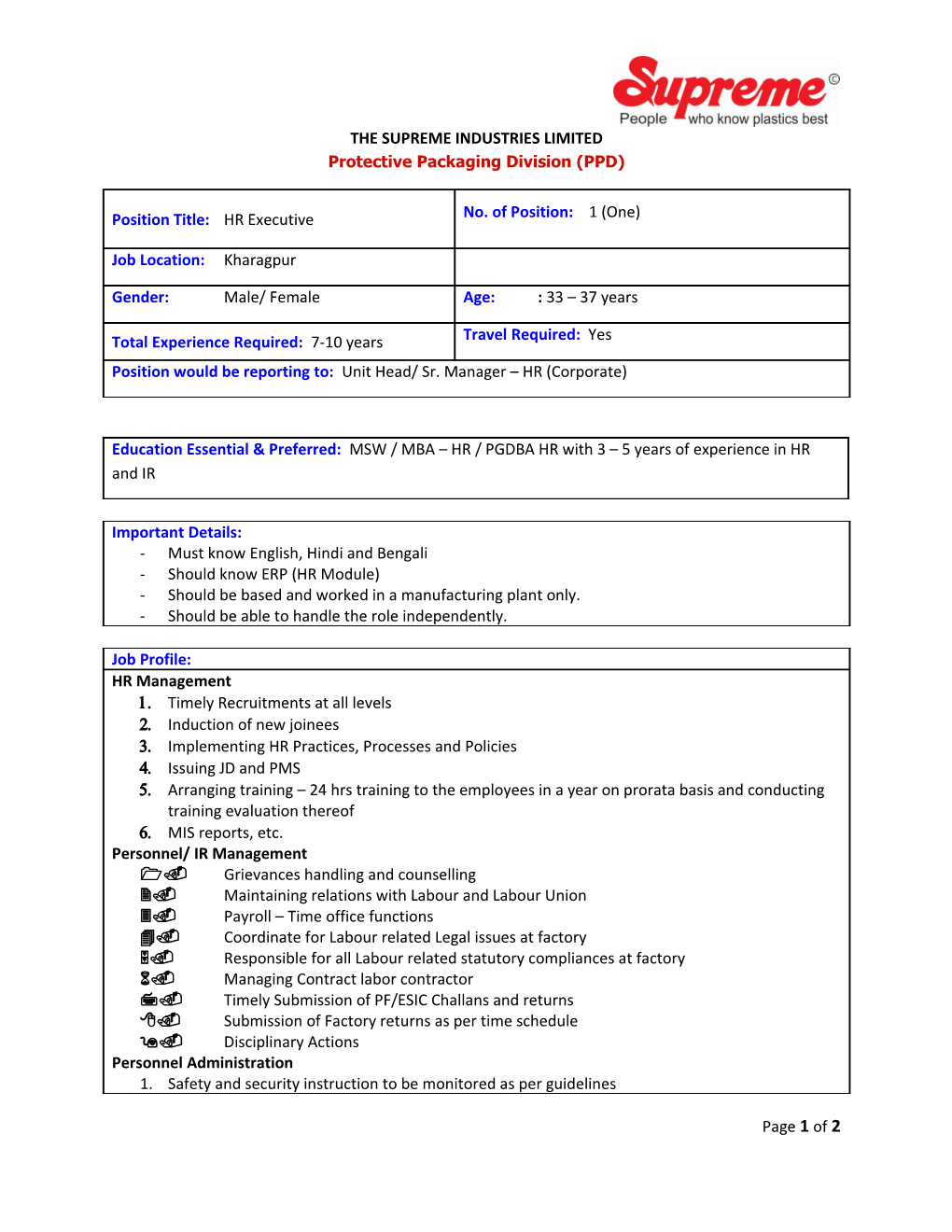 THE SUPREME INDUSTRIES LIMITED Protective Packaging Division (PPD)