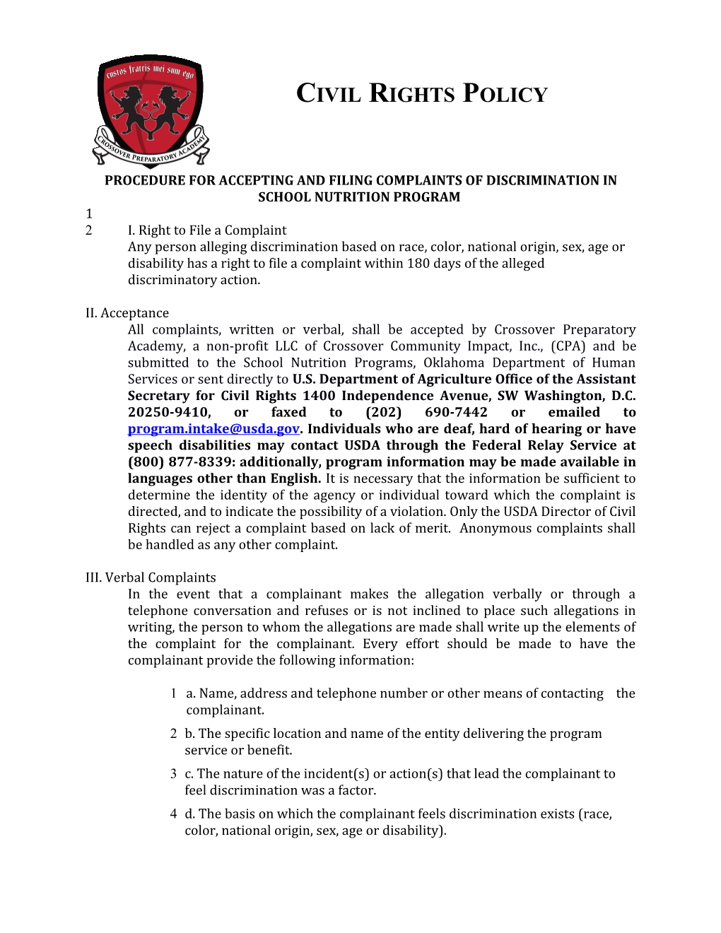 Procedure for Accepting and Filing Complaints of Discrimination in School Nutrition Program