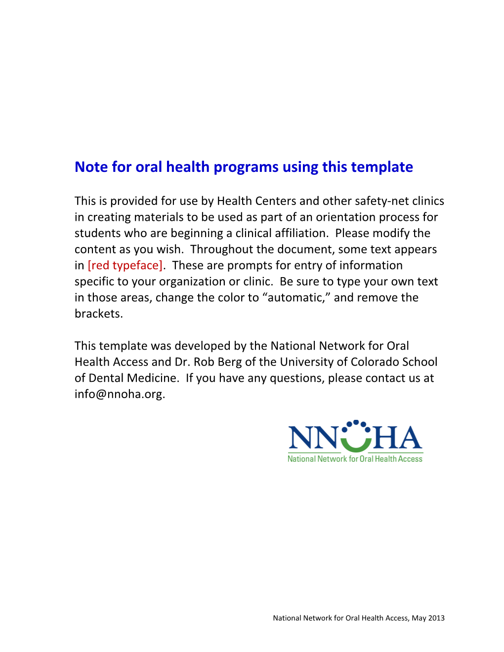 Note for Oral Health Programs Using This Template