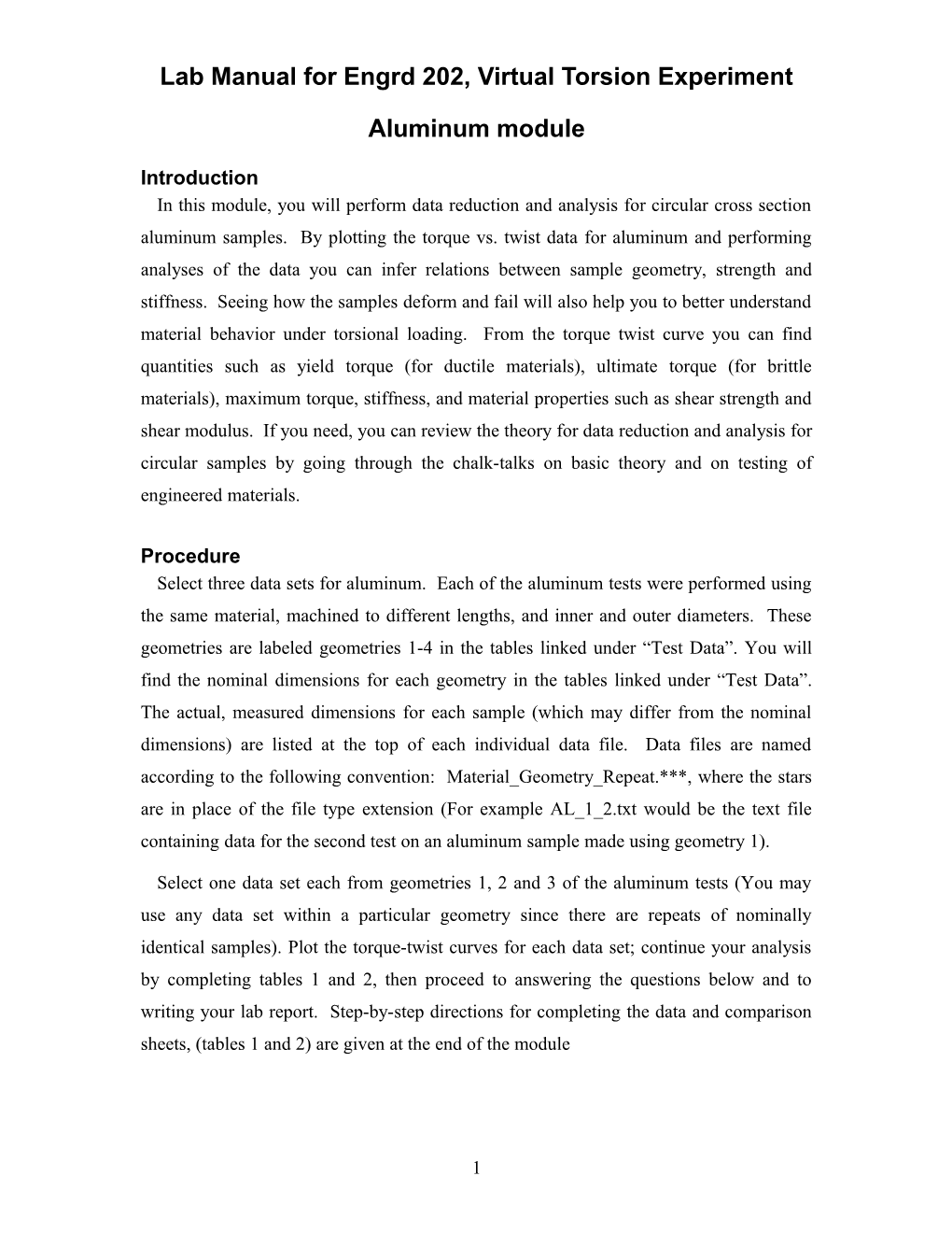 Lab Manual for Engrd 202, Virtual Torsion Experiment