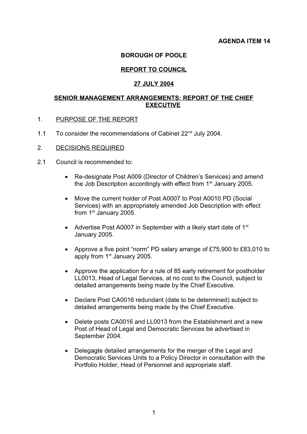 Senior Management Arrangements: Report of the Chief Executive