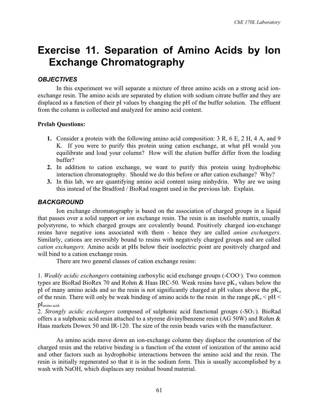 Exercise 11. Separation of Amino Acids by Ion Exchange Chromatography