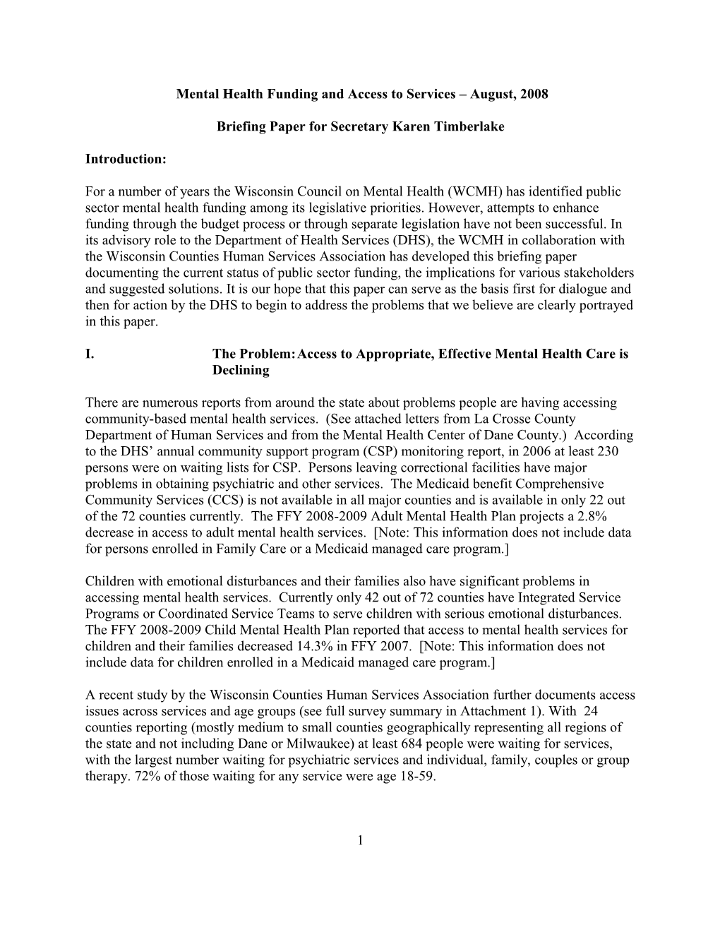 Second Draft - Paper on Mental Health Funding and Access to Services