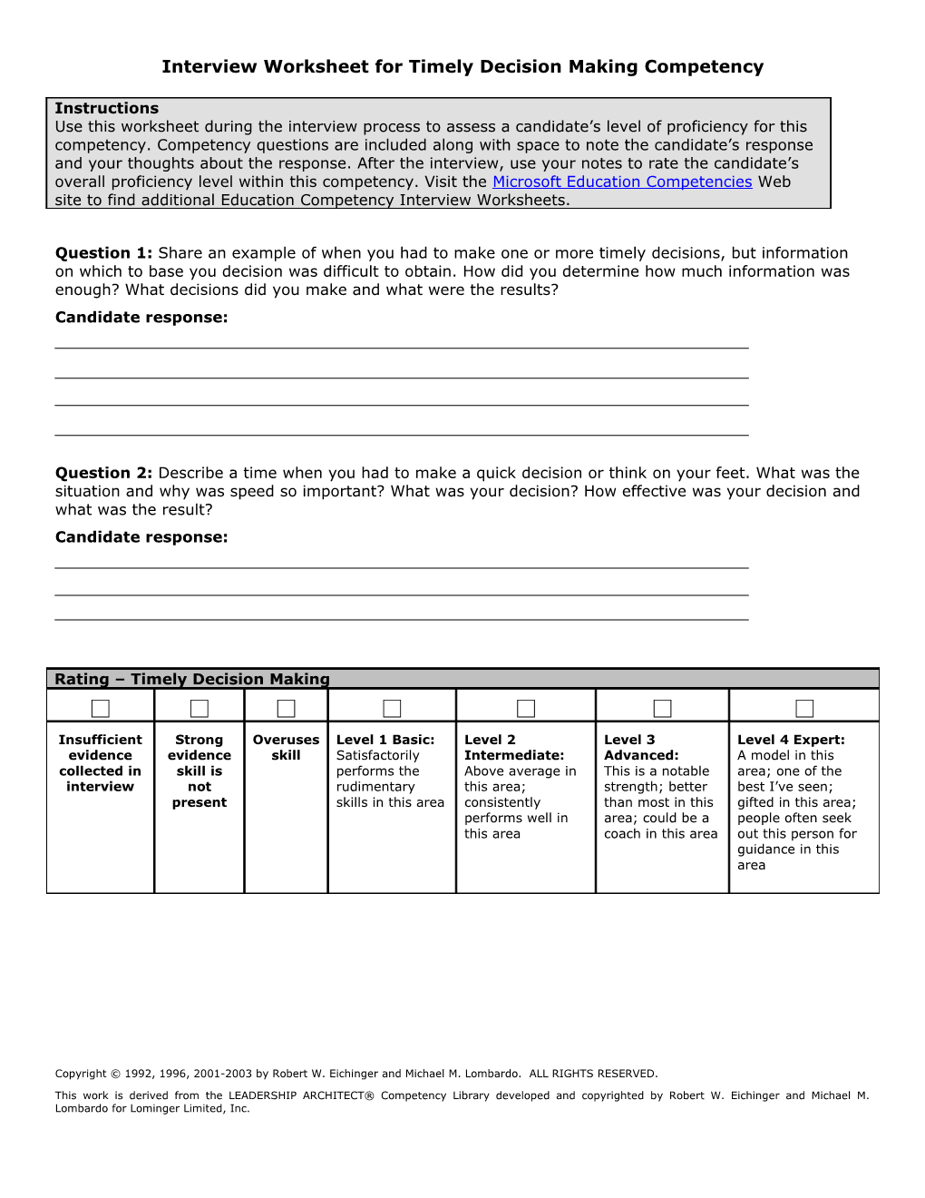 Interview Worksheet for Timely Decision Making Competency